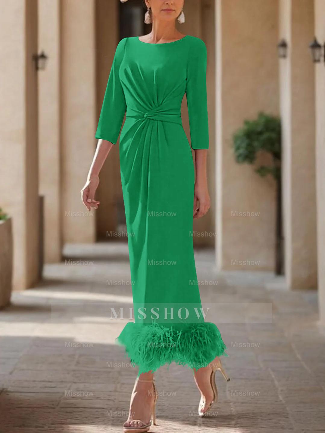 Elegant Feather-Adorned Scoop Neck Ankle-Length Dress for Mothers of the Bride & Groom
