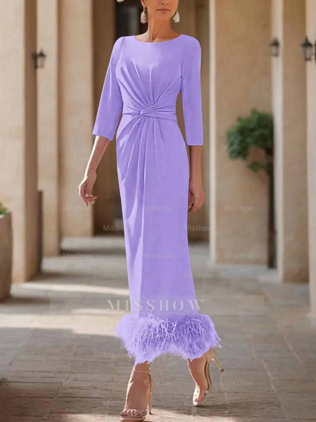 Elegant Feather-Adorned Scoop Neck Ankle-Length Dress for Mothers of the Bride & Groom
