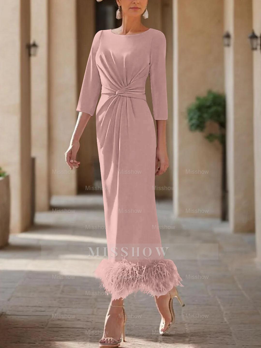 Elegant Feather-Adorned Scoop Neck Ankle-Length Dress for Mothers of the Bride & Groom