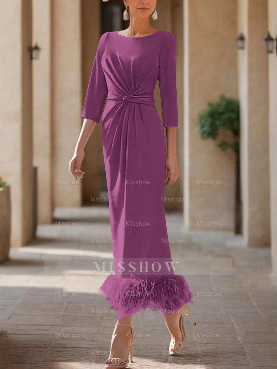 Elegant Feather-Adorned Scoop Neck Ankle-Length Dress for Mothers of the Bride & Groom