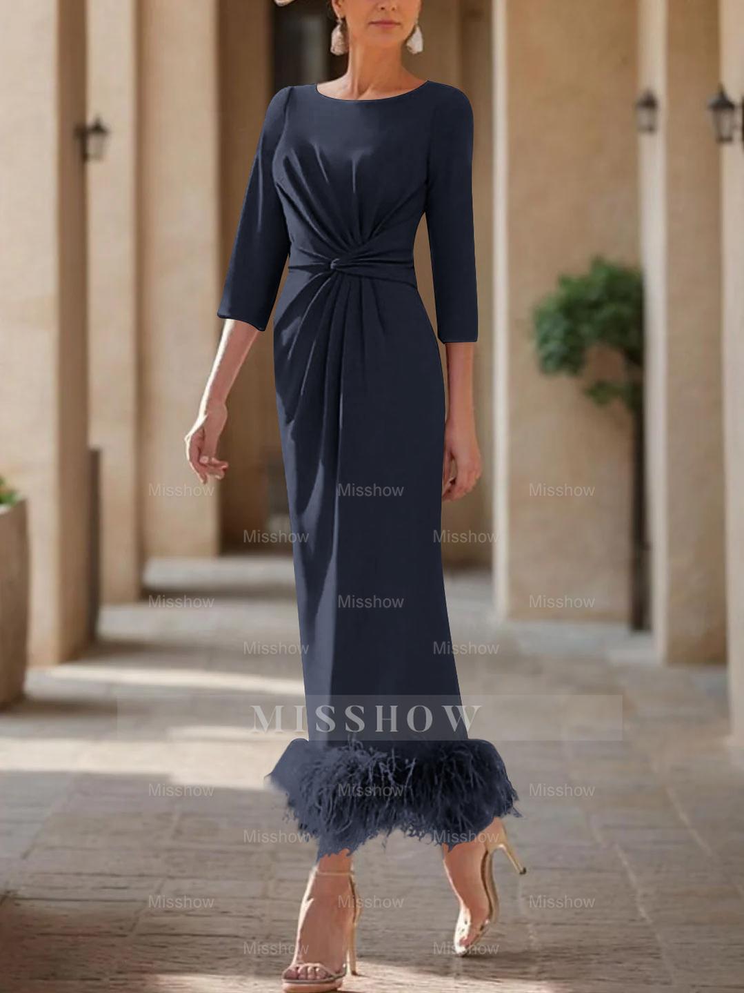 Elegant Feather-Adorned Scoop Neck Ankle-Length Dress for Mothers of the Bride & Groom