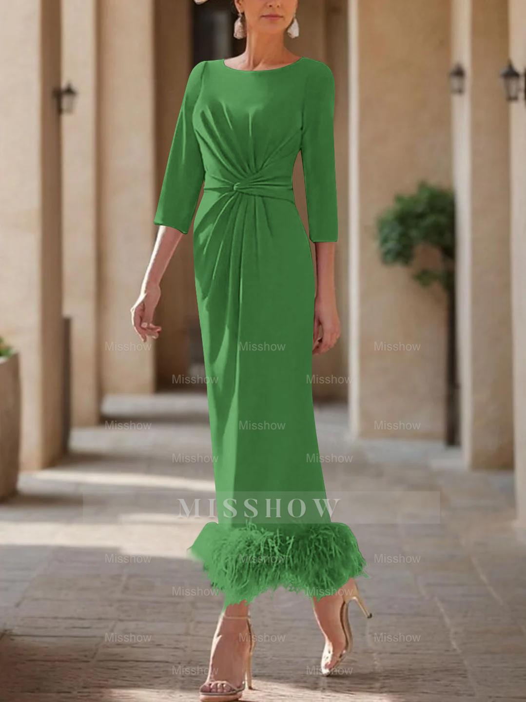 Elegant Feather-Adorned Scoop Neck Ankle-Length Dress for Mothers of the Bride & Groom