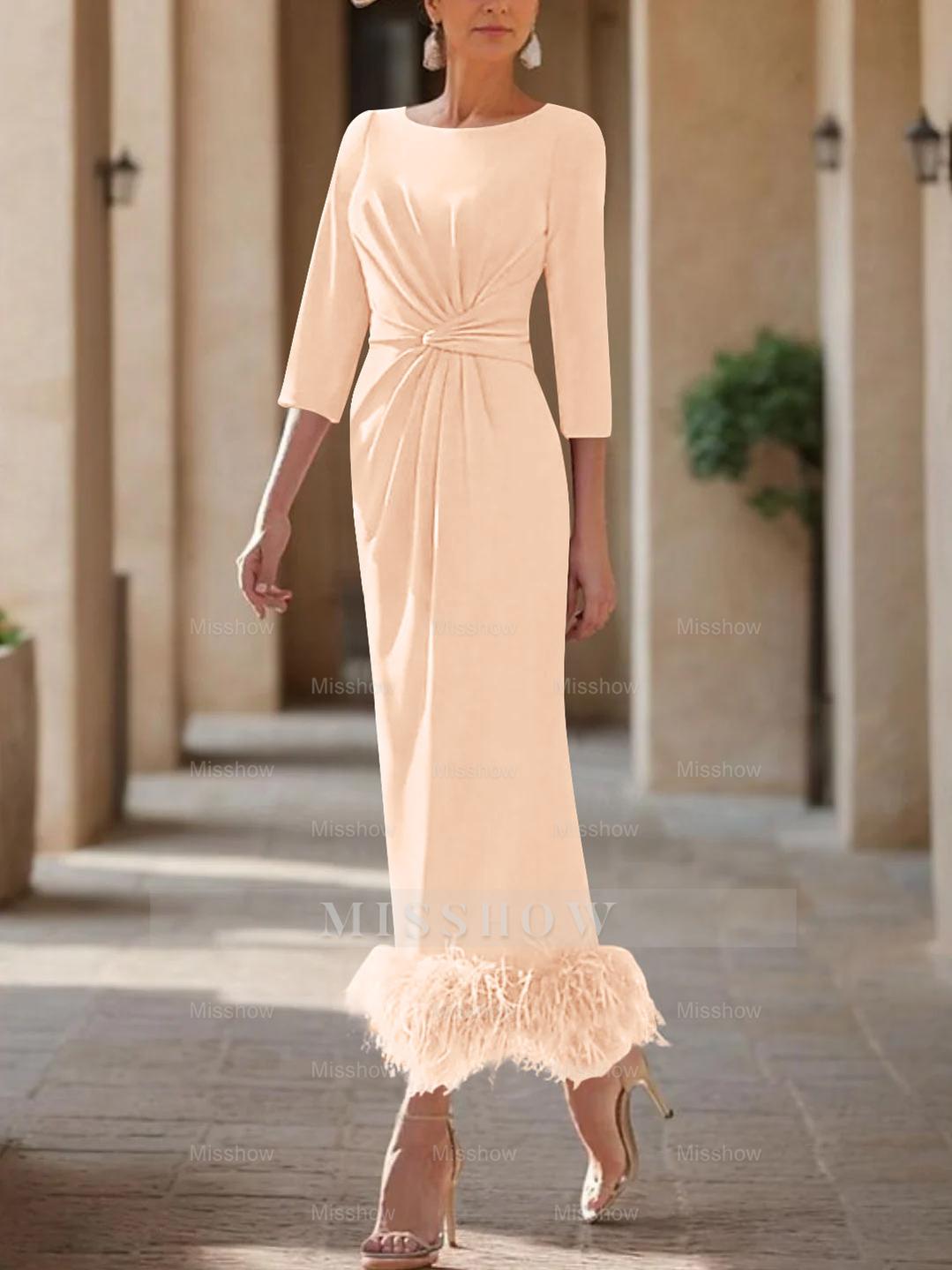 Elegant Feather-Adorned Scoop Neck Ankle-Length Dress for Mothers of the Bride & Groom