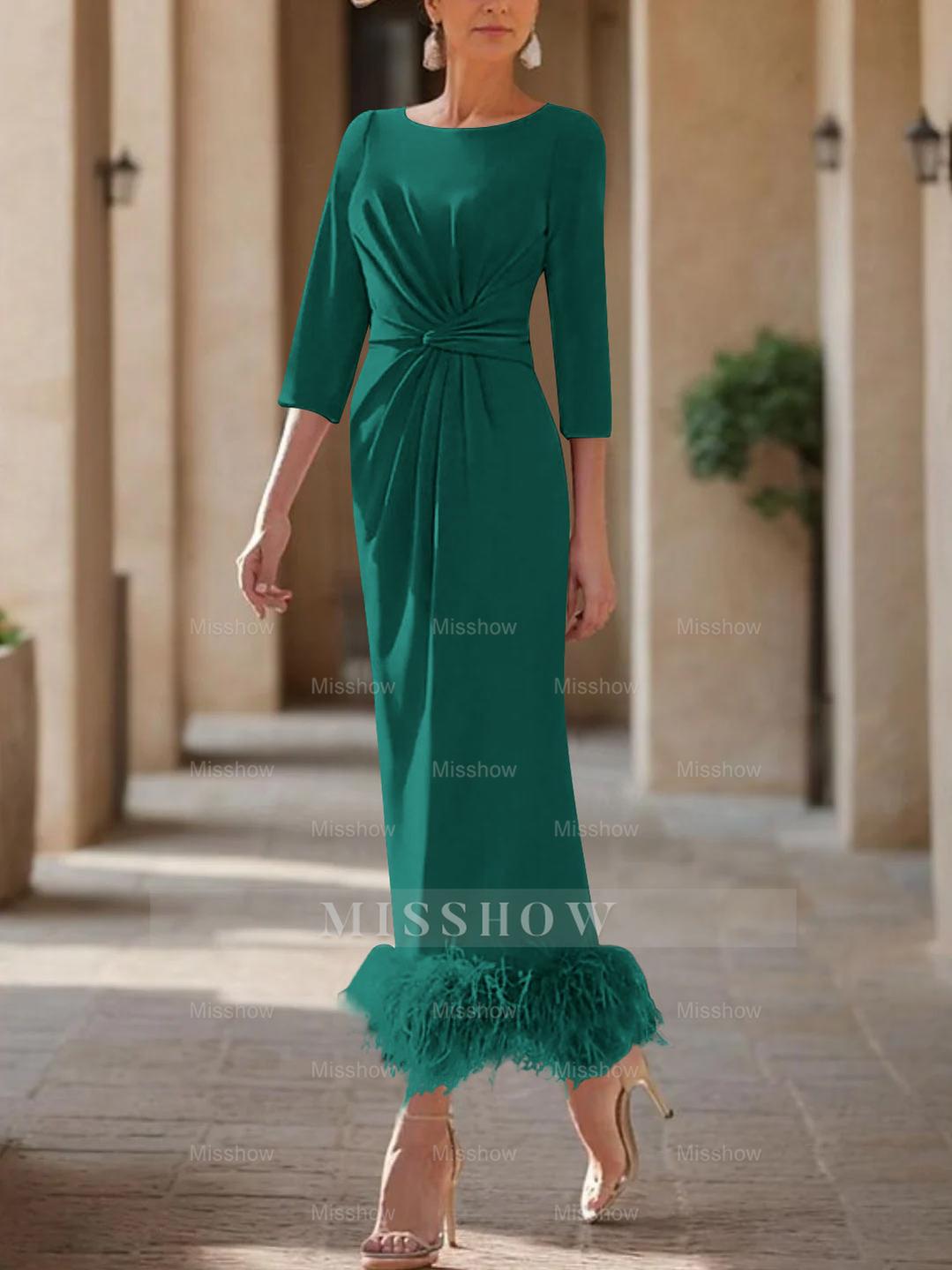 Elegant Feather-Adorned Scoop Neck Ankle-Length Dress for Mothers of the Bride & Groom