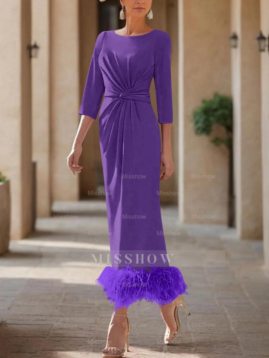 Elegant Feather-Adorned Scoop Neck Ankle-Length Dress for Mothers of the Bride & Groom