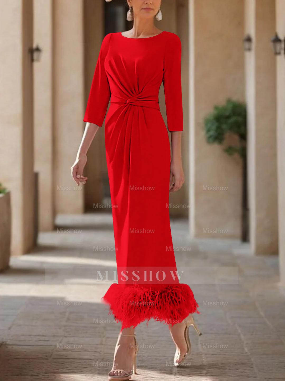 Elegant Feather-Adorned Scoop Neck Ankle-Length Dress for Mothers of the Bride & Groom