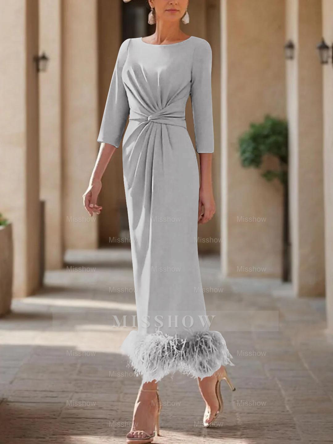 Elegant Feather-Adorned Scoop Neck Ankle-Length Dress for Mothers of the Bride & Groom