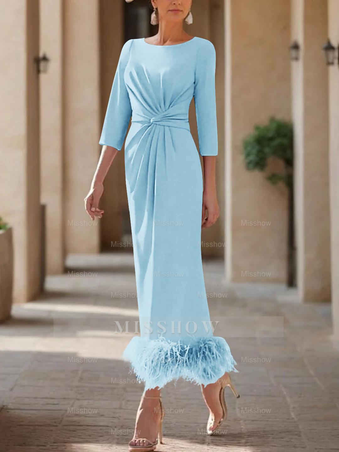 Elegant Feather-Adorned Scoop Neck Ankle-Length Dress for Mothers of the Bride & Groom