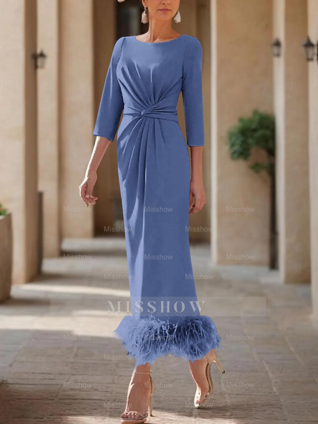 Elegant Feather-Adorned Scoop Neck Ankle-Length Dress for Mothers of the Bride & Groom
