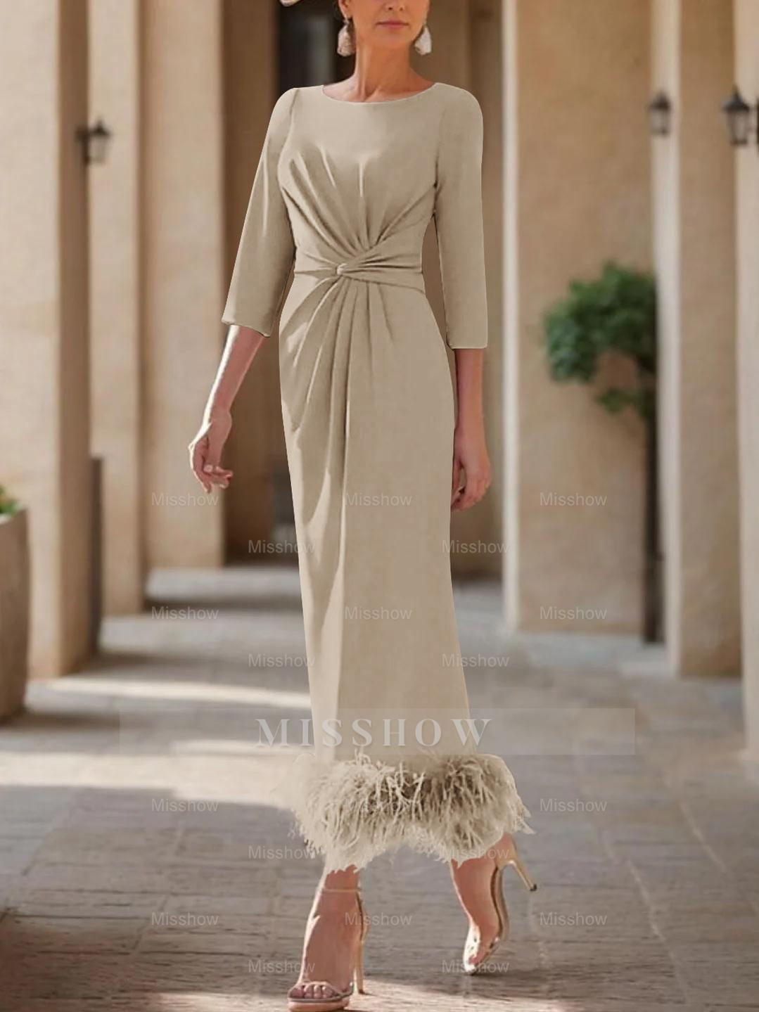 Elegant Feather-Adorned Scoop Neck Ankle-Length Dress for Mothers of the Bride & Groom