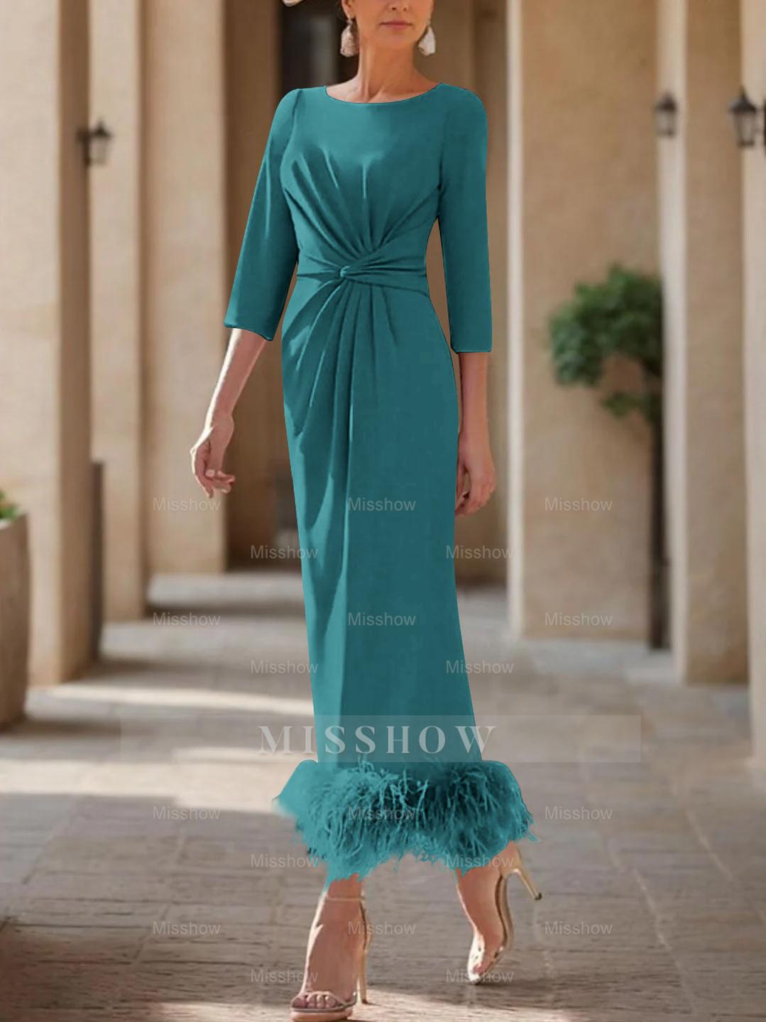 Elegant Feather-Adorned Scoop Neck Ankle-Length Dress for Mothers of the Bride & Groom