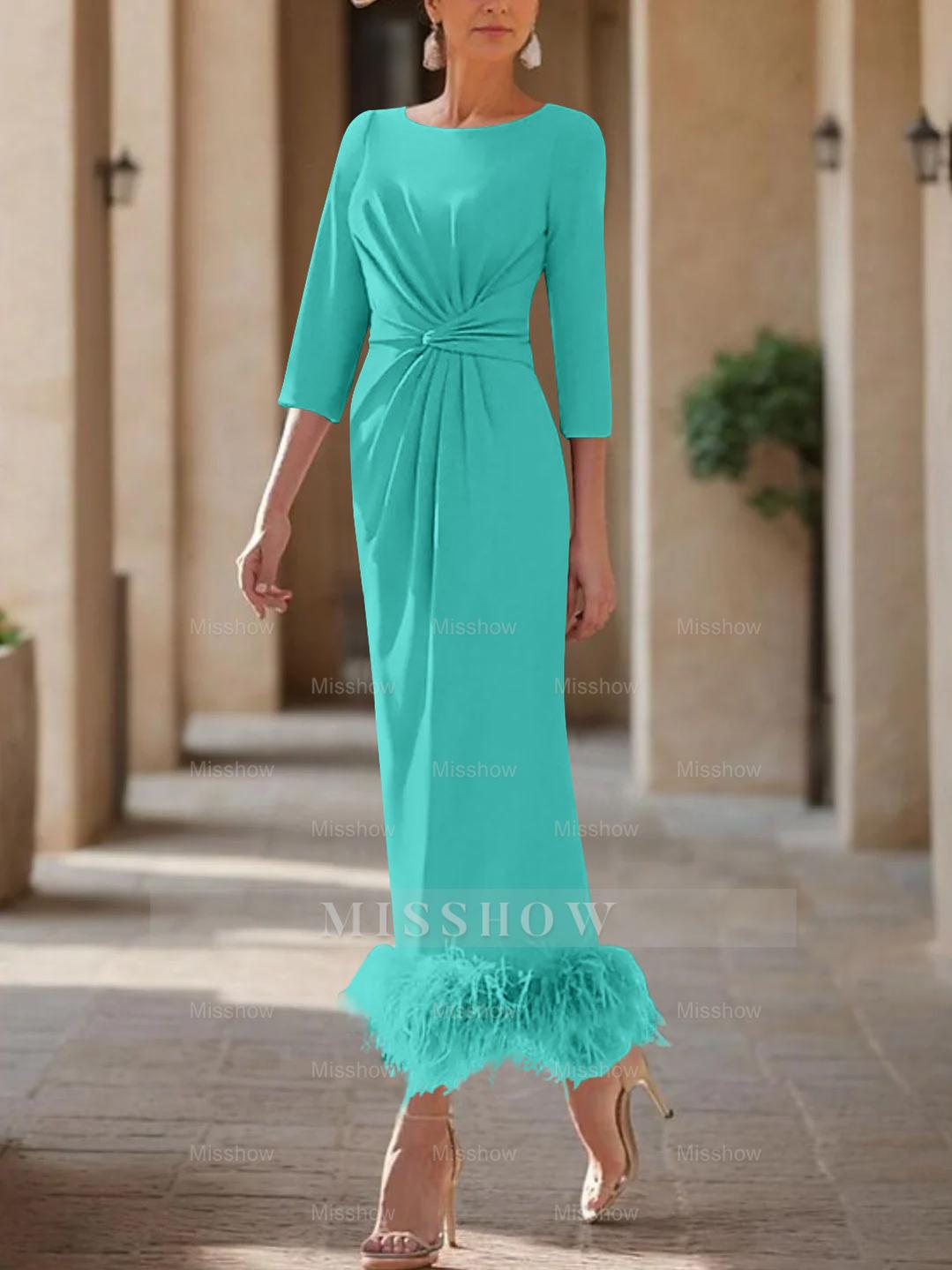 Elegant Feather-Adorned Scoop Neck Ankle-Length Dress for Mothers of the Bride & Groom