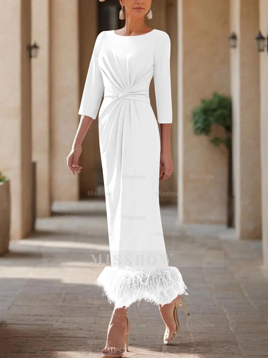 Elegant Feather-Adorned Scoop Neck Ankle-Length Dress for Mothers of the Bride & Groom