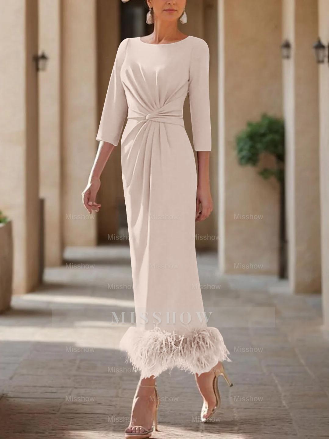 Elegant Feather-Adorned Scoop Neck Ankle-Length Dress for Mothers of the Bride & Groom