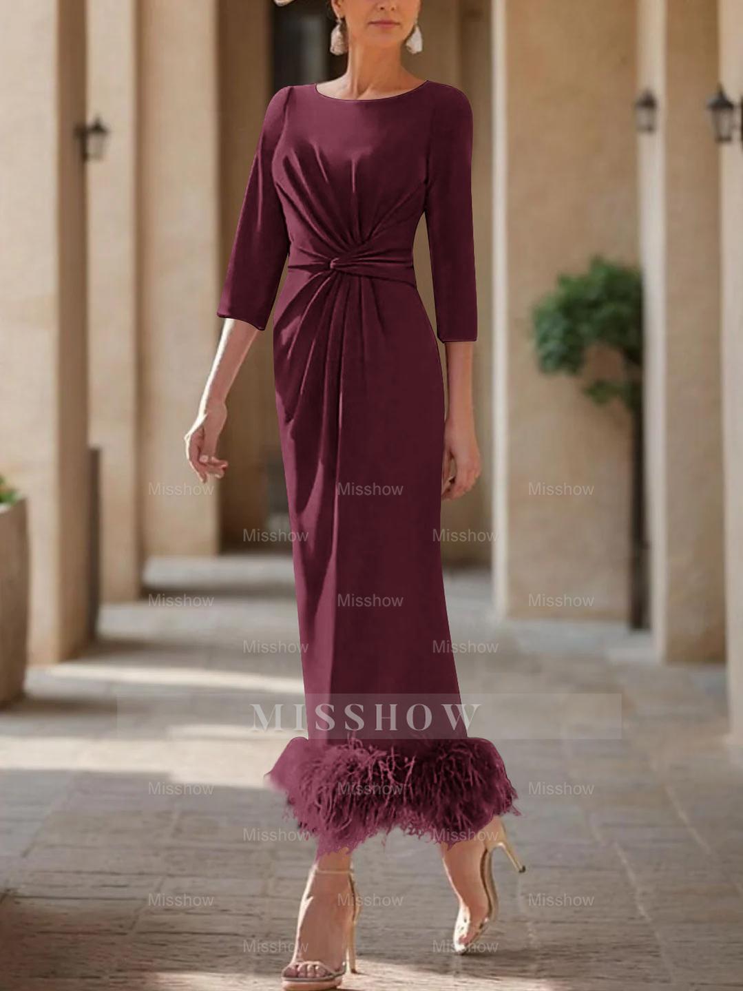 Elegant Feather-Adorned Scoop Neck Ankle-Length Dress for Mothers of the Bride & Groom