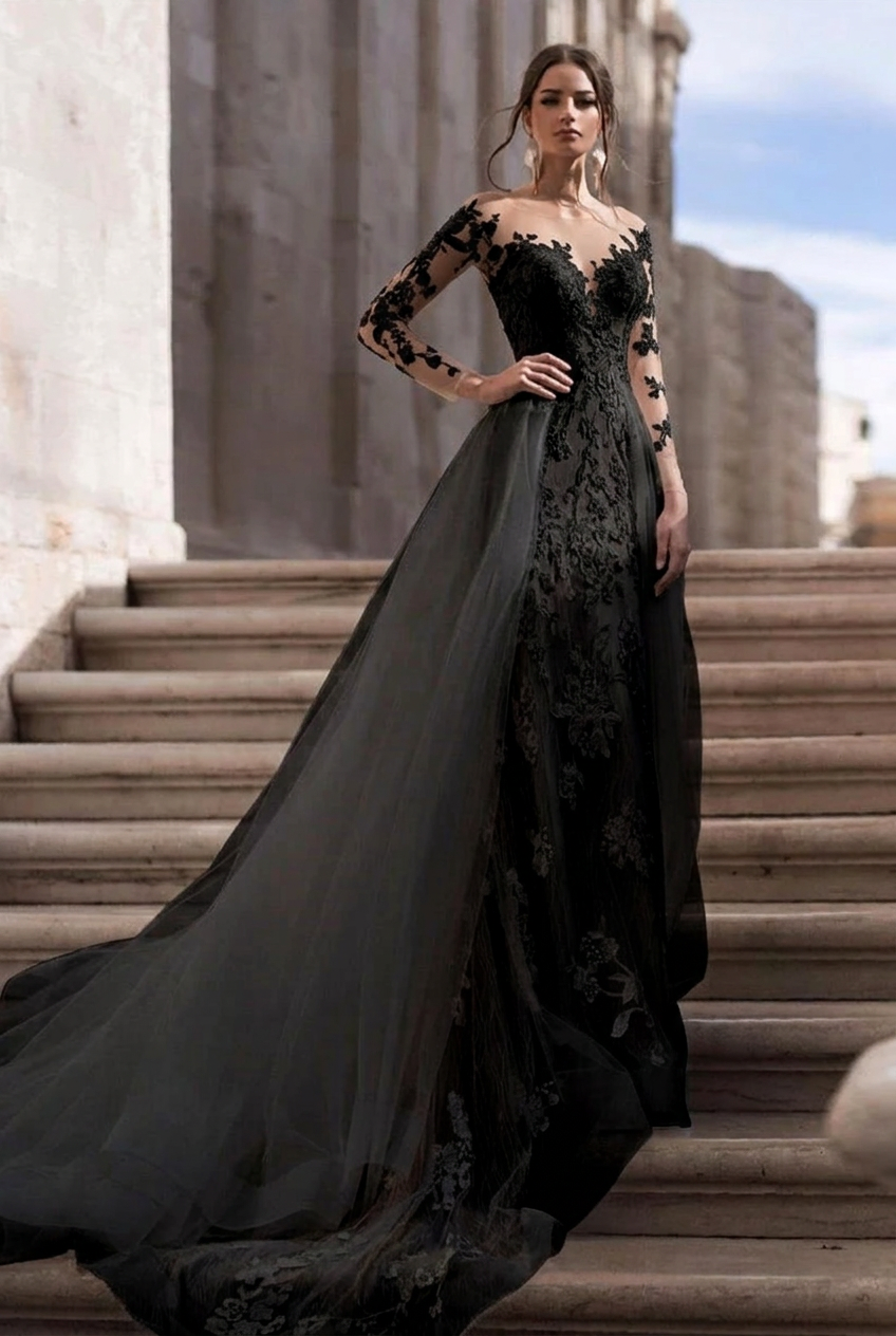 Black scoop applique mermaid wedding dress