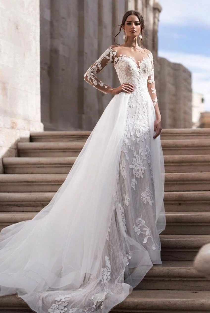 White scoop applique mermaid wedding dress