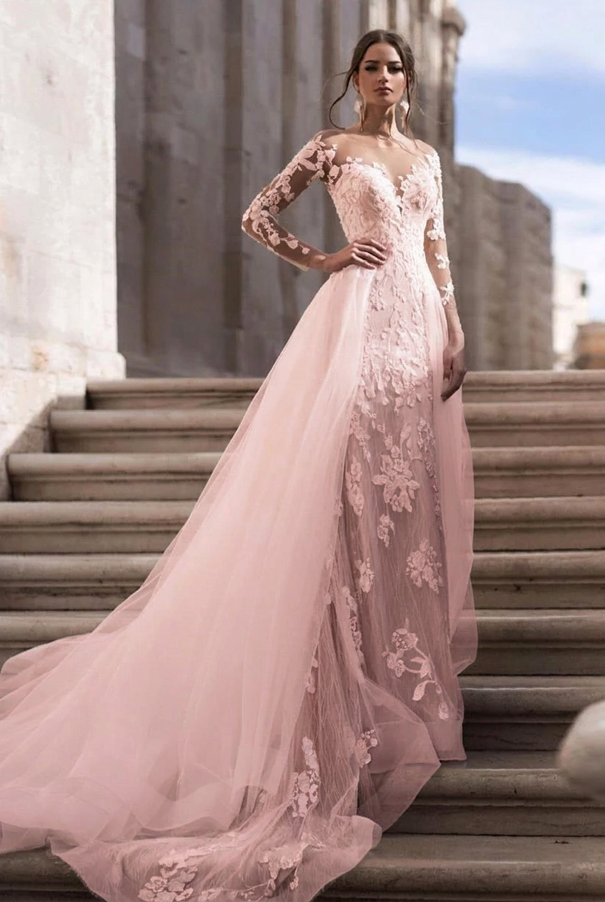 Blushing pink scoop applique mermaid wedding dress