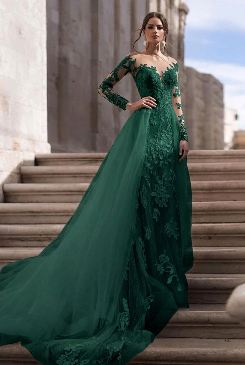 Dark green scoop applique mermaid wedding dress