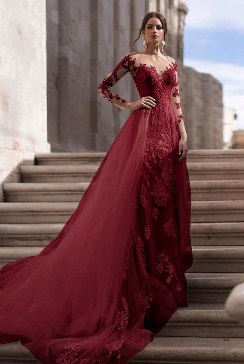Burgundy scoop applique mermaid wedding dress