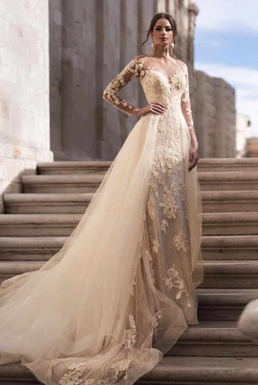Champagne scoop applique mermaid wedding dress
