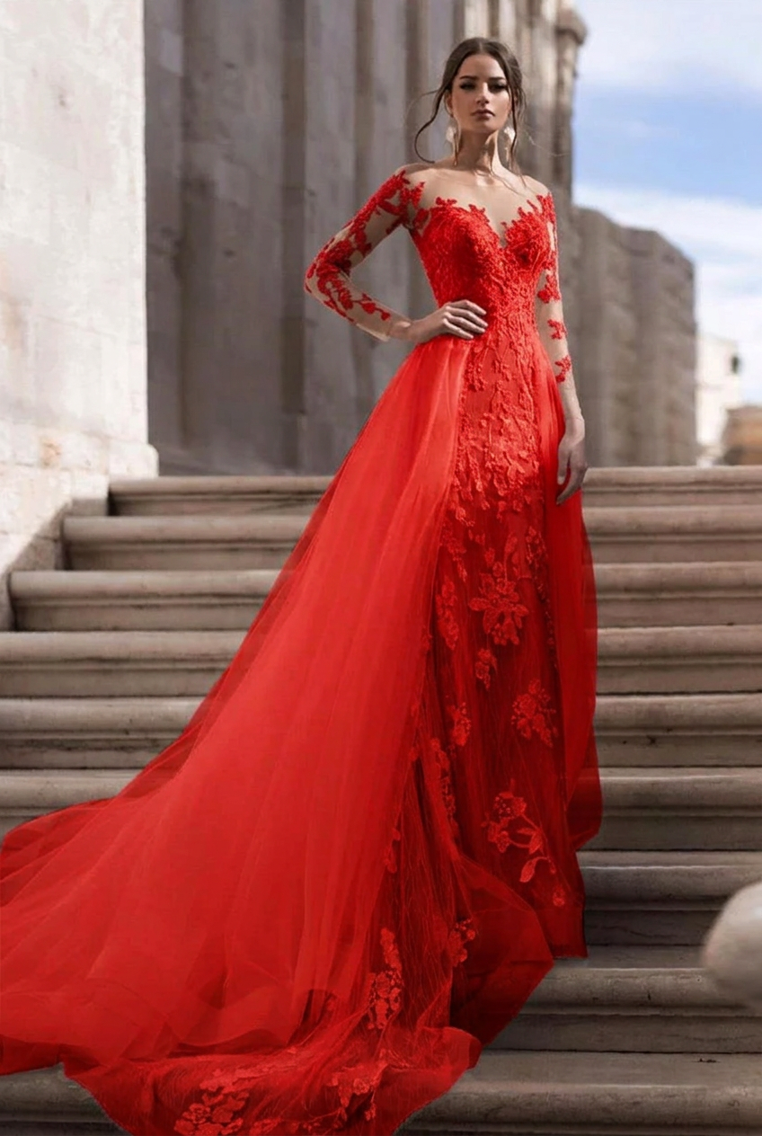 Red scoop applique mermaid wedding dress