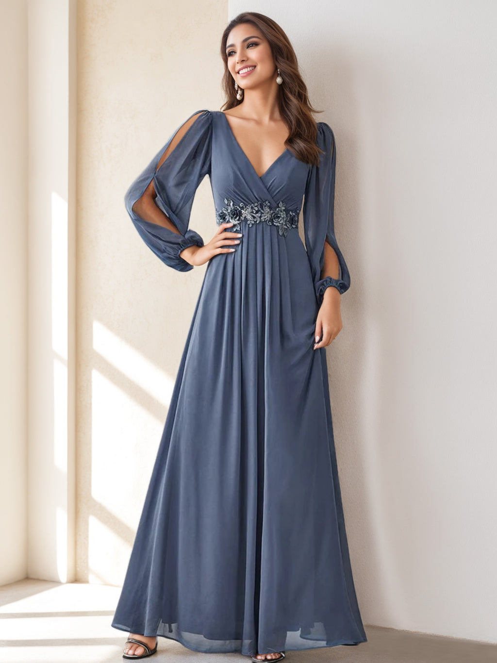 Elegant Floor-Length A-Line Princess V-Neck Mother of the Bride Dress Featuring Embroidery