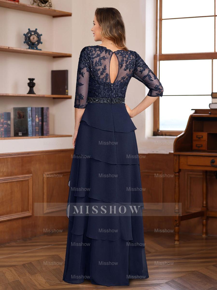 Elegant Floor-Length A-Line/Princess Mother of the Bride & Groom Dresses with 3/4 Sleeves Lace Appliques and Ruffles