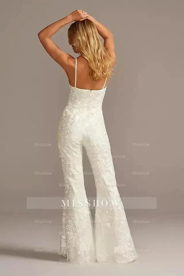 Elegant Floral Overlay Lace Spaghetti Strap Flare Leg Wedding Jump Suit