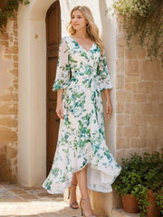 Elegant Floral Printed Mother of the Bride Dress with V-Neck and 3/4 Asymmetrical Sleeves