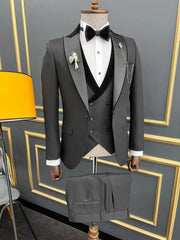 Elegant Gray Peak Lapel Three Piece Classic Business Suit