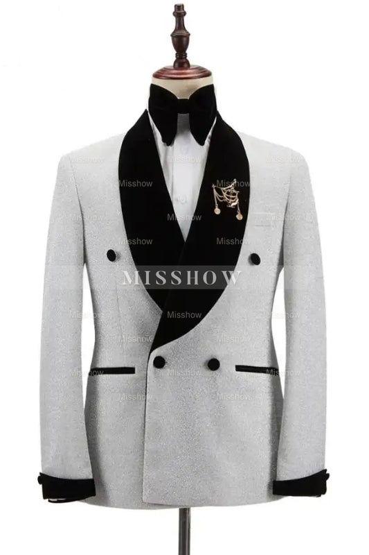 Elegant Gray Sequined Double Breasted Wedding Suit With Black Velvet Lapel