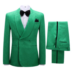 Elegant Green Jacquard Shawl Collar Double Breasted Groom's Suit