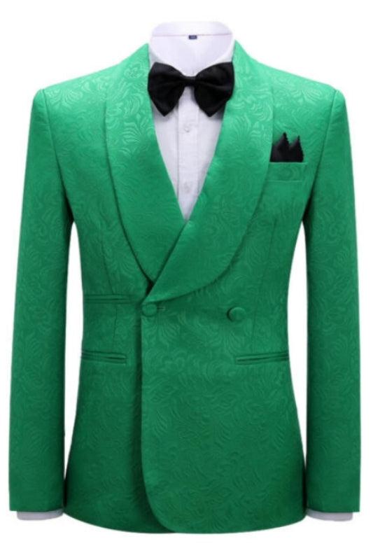 Elegant Green Jacquard Shawl Collar Double Breasted Groom's Suit