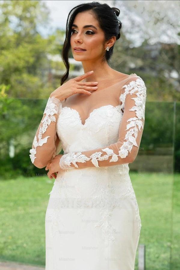 Elegant Ivory Crew Long Sleeves Mermaid Wedding Dress with Appliques and Chapel Train