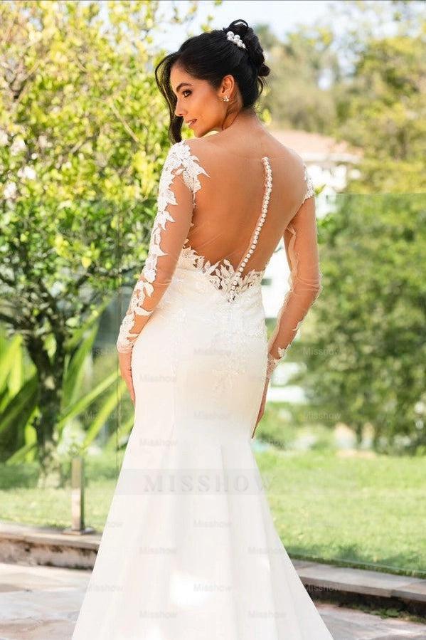 Elegant Ivory Crew Long Sleeves Mermaid Wedding Dress with Appliques and Chapel Train