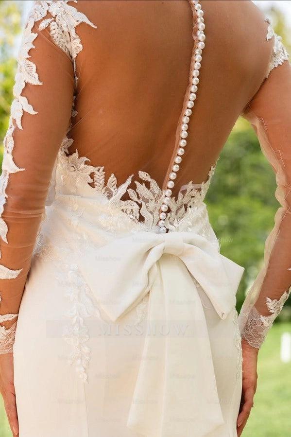 Elegant Ivory Crew Long Sleeves Mermaid Wedding Dress with Appliques and Chapel Train