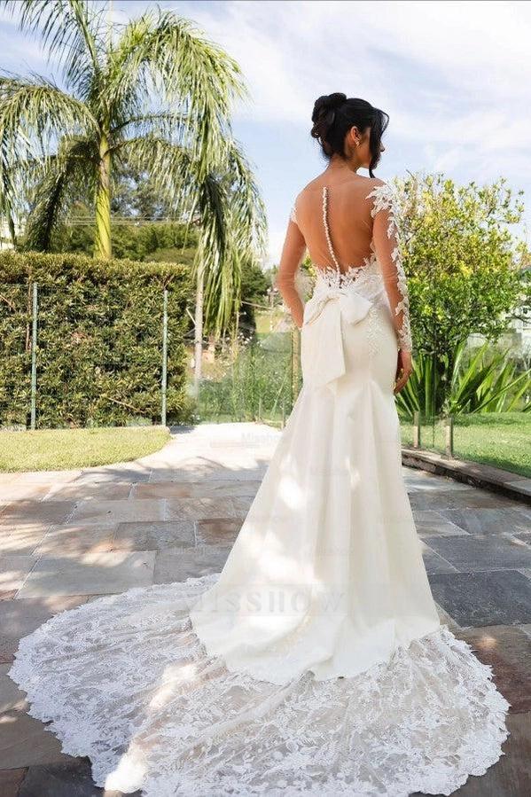 Elegant Ivory Crew Long Sleeves Mermaid Wedding Dress with Appliques and Chapel Train