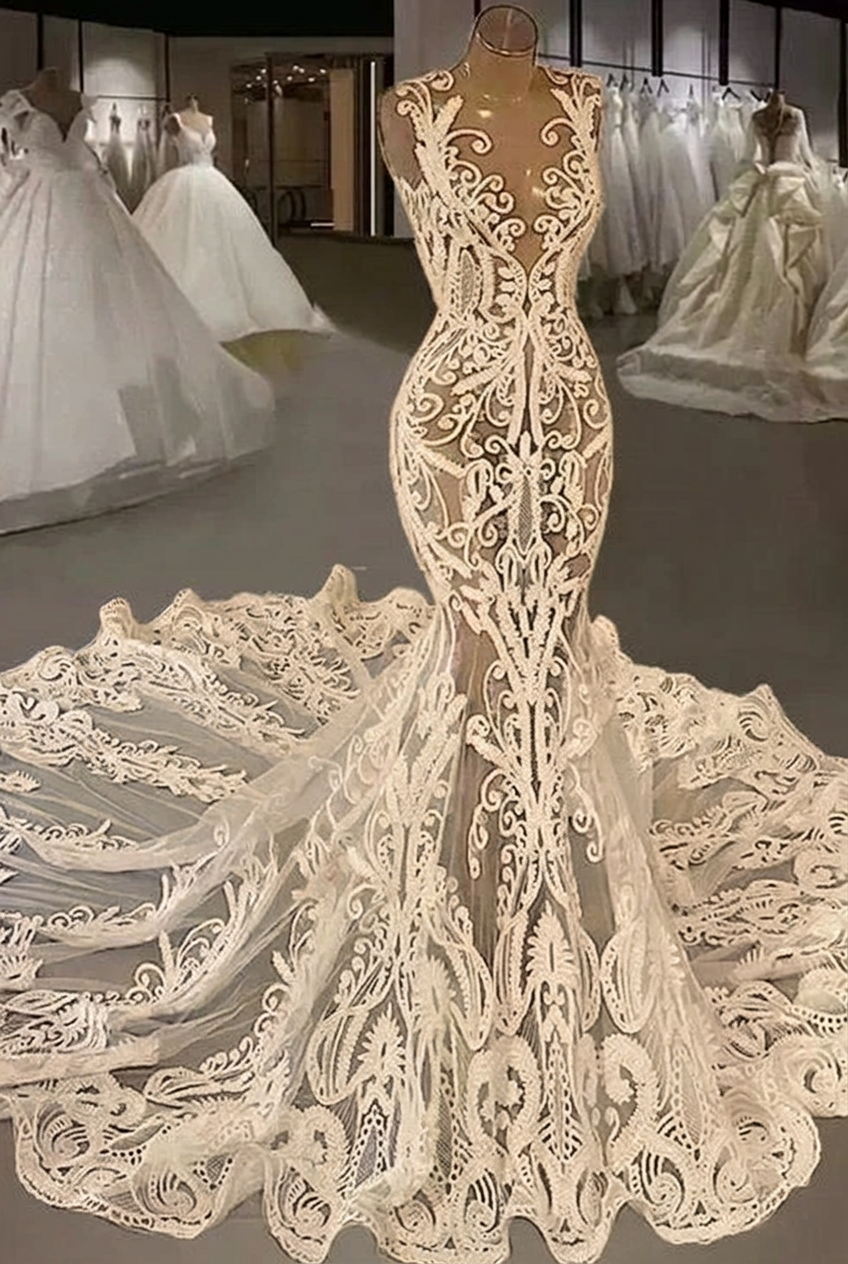 Champagne v-neck beaded lace mermaid wedding dress with cathedral train