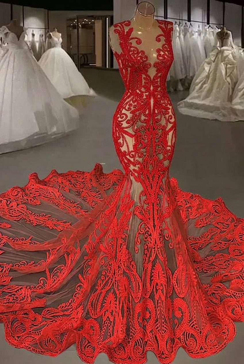Red v-neck beaded lace mermaid wedding dress with cathedral train