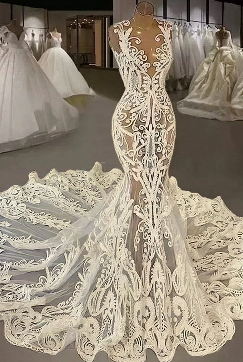 Ivory v-neck beaded lace mermaid wedding dress with cathedral train