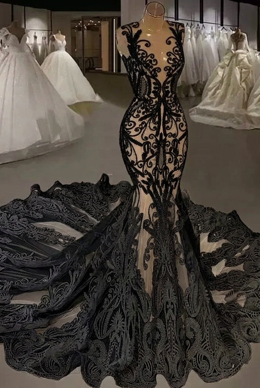 Black v-neck beaded lace mermaid wedding dress with cathedral train