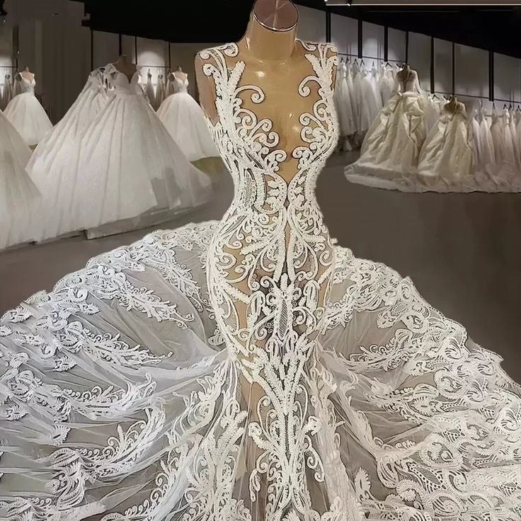 Elegant Ivory Mermaid V-Neck Sleeveless Beaded Lace Cathedral Train Wedding Dress With Pearls