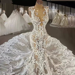 Elegant Ivory Mermaid V-Neck Sleeveless Beaded Lace Cathedral Train Wedding Dress With Pearls