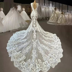 Elegant Ivory Mermaid V-Neck Sleeveless Beaded Lace Cathedral Train Wedding Dress With Pearls