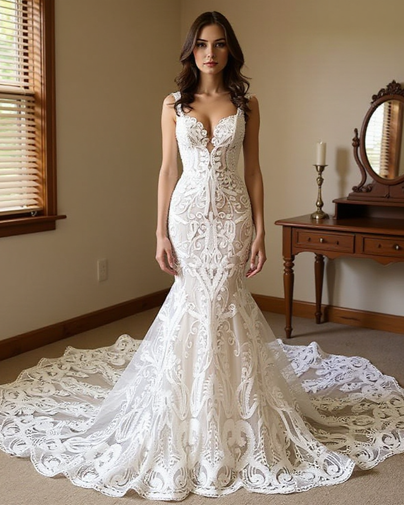 Elegant Ivory Mermaid V-Neck Sleeveless Beaded Lace Cathedral Train Wedding Dress With Pearls