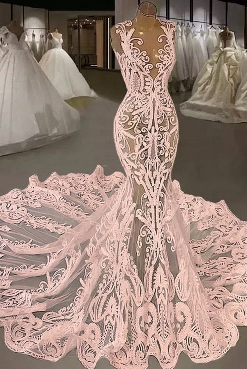 Blushing pink v-neck beaded lace mermaid wedding dress with cathedral train
