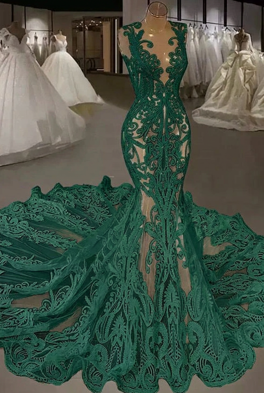 Dark green v-neck beaded lace mermaid wedding dress with cathedral train