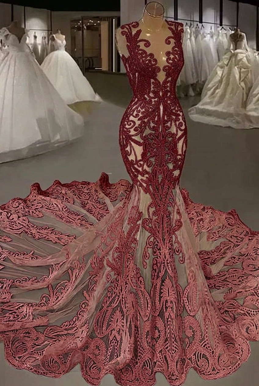 Burgundy v-neck beaded lace mermaid wedding dress with cathedral train