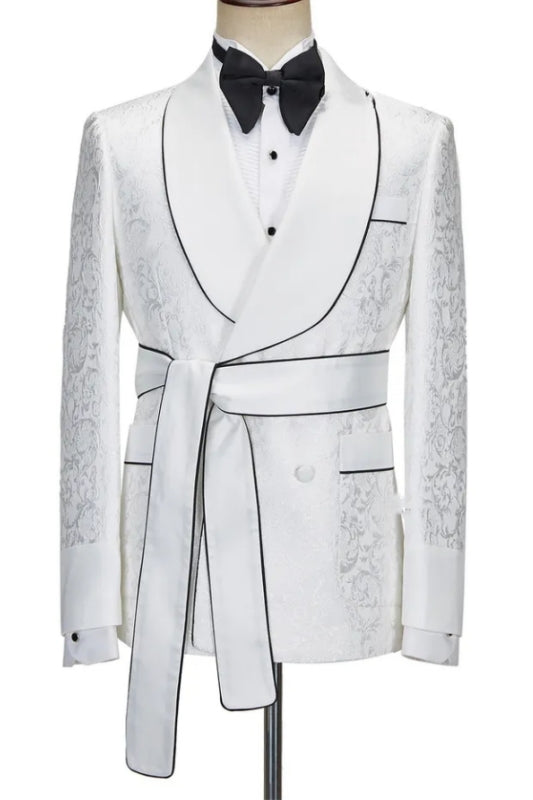 Elegant Ivory Shawl Collar Double Breasted Jacquard Groom's Suit